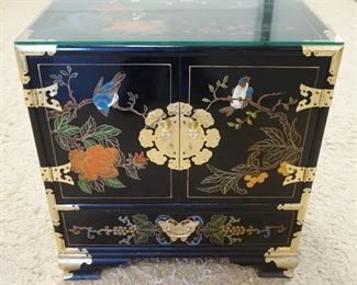1203	BLACK LACQUERED DECORATED ASIAN CHEST, 2 DOORS, 1 DRAWER W/BRASS HARDWARE & MOUNTS, 13 1/2 IN X 22 IN X 24 IN HIGH
