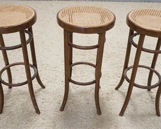 1204	LOT OF 3 BENTWOOD CANE SEAT BAR STOOLS, ONE W/DAMAGED SEAT, 29 1/4 IN HIGH
