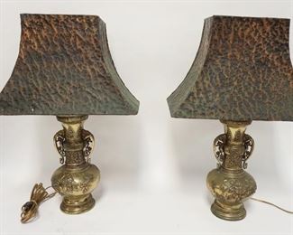 1213	PAIR OF BRASS ASIAN TABLE LAMPS W/HAMMERED COPPER SHADES, 22 1/4 IN HIGH
