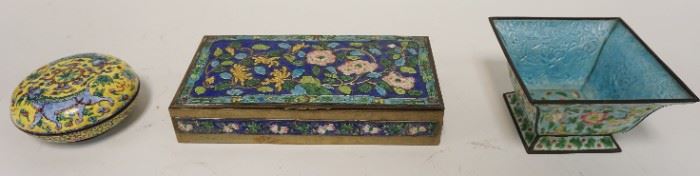 1218	GROUP OF 3 ENAMELED ASIAN BOXES & SMALL PLANTER
