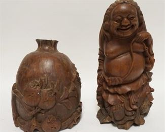 1221A	2 CARVED BAMBOO ASIAN PIECES, CARVING OF A MAN & WOODEN VESSEL, TALLEST IS 12 1/4 IN HIGH
