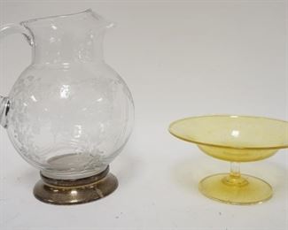 1222	2 PIECE GLASS LOT ETCHED PITCHER W/SILVER PLATE BASE & SMALL BLOWN AMBER COMPOTE PITCHER, 9 1/2 IN HIGH
