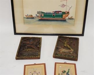 1223	5 PIECE ASIAN LOT, ARTWORK & 2 CARVED WOOD SCENES
