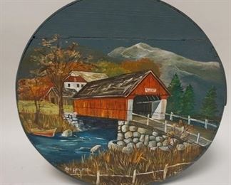 1230	COUNTRY PAINT DECORATED BOX W/STREAM COVERED BRIDGE & BARN SIGNED HEILMAN, 16 1/2 X 7 1/2 IN HIGH
