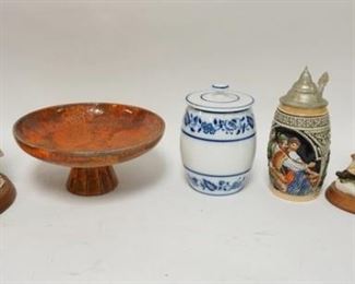 1233	5 PIECE LOT, GERMAN STEIN, 2 COMPOSITE FIGURINES, MODERN POTTERY COMPOTE, GERMAN COVERED JAR
