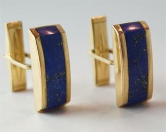 1248	BLUE AGATE STONE CUFF LINKS MARKED 18K. APPROXIMATELY 9.6 DWT WITH STONES

