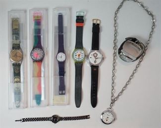 1260	4 SWATCH WATCHES INCLUDING 1996 ATLANTA OLYMPIC, CAEAHO B CCCP WATCH, LANCASTER ITALY WATCH, RUMOURS WATCH AND LUCERNE WATCH ON A CHAIN, AS FOUND
