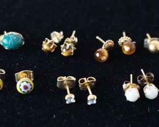 1266	LOT OF 7 PAIRS OF EARRING, GREEN STONE PAIR MARKED 14K, PEARL STUDS, AQUAMARINE STUDS, GOLD BALL STUDS, FLOWER STUDS, TIGER EYE STUDS AND DANGLES
