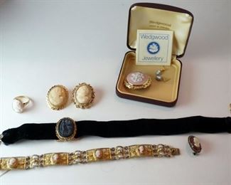 1280	LOT OF CAMEO JEWELRY INCLUDING WEDGWOOD EARRINGS AND PIN, BLACK CAMEO CHOKER, 3 PINS, RING AND BRACELET AS FOUND
