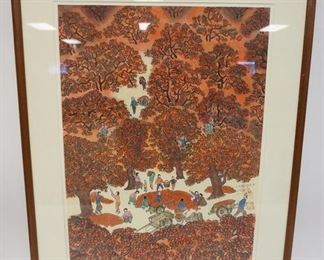 1282	FRAMED SIGNED ASIAN PRINT DEPICTS FRUIT TREES & ORCHARD WORKERS, 25 1/2 IN X 32 1/2 IN INCLUDING FRAME
