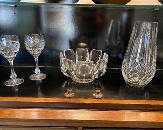 Pair of Connemara crystal glasses, Orrefors bowl, Waterford Lismore 9” vase