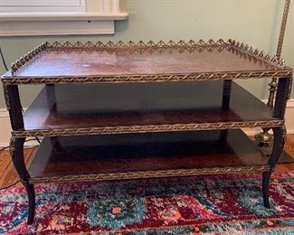 Burled wood and brass tiered table