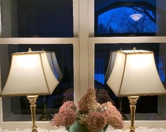 Pair brass lamps with silk shades. From a church in Astoria, NY