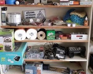 #182 • Wooden Shelf With power Inverter, Cobra Radio, Ge Watthour Meter and More