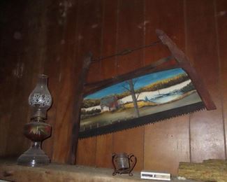 Hand Painted Antique Saw - Oil Lamp
