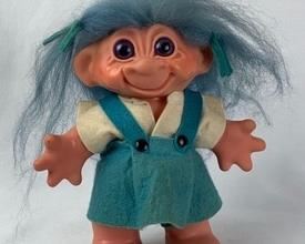 Large 7" Tall, 1960's Long-Haired Troll in Original Blue Felt Skirt with White Blouse PLUS It Is A Bank!