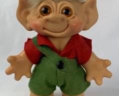 Large 7.5" Tall, Short-Haired 60's Troll in Original Olive Overalls, Made in Denmark