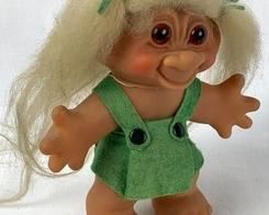 Large 6" Tall, 1960's Long-Haired Blond Troll in Green Felt Skirt, by TH. Dam. Original Tags Attached