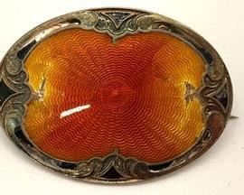 Vintage Johan G. Kjaerland Sterling Amber and Orange Enamel Norwegian Art Deco Pin