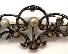 Vintage Victorian Sterling Brooch w/ Tiny Inset Amber, White and Red Stones