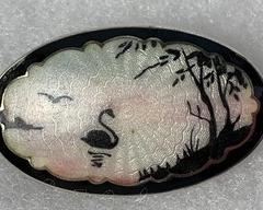 Beautiful Sterling Silver Guilloche Enameled Oval Scenic Brooch