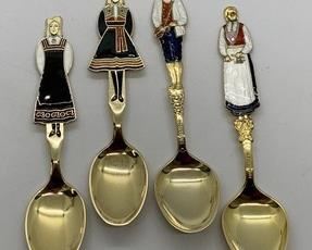 Four Norwegian Sterling Silver Enameled Souvenir Spoons of Costumed People, in Vintage Case