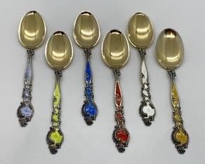 Set of Six Sterling, Gilt Wash Enameled Demitasse Spoons by T.H. Marthinsen