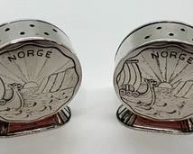 Rare Theodore Olsen Sterling Silver "Norge" Salt and Pepper Shakers Embossed w/ Viking Ship at Sunset