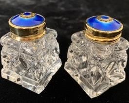 Set of Two Crystal Salt & Pepper Shakers w/ Sterling, Deep Blue-Enameled Tops