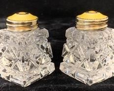 Set of Two Crystal Salt & Pepper Shakers w/ Sterling, Yellow-Enameled Tops