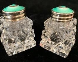 Set of Two Crystal Salt & Pepper Shakers w/ Sterling, Aqua-Enameled Tops