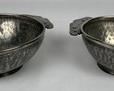 Set of Two Handmade Hammered Pewter Bowls with Handles.