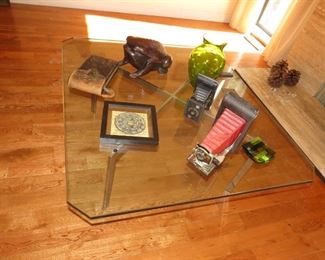 Glass coffee table, old cameras & art pottery