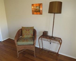 Wicker chair,  wire table and lamp