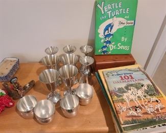 8 each kirk stief cups and goblets pewter, assorted older children's books