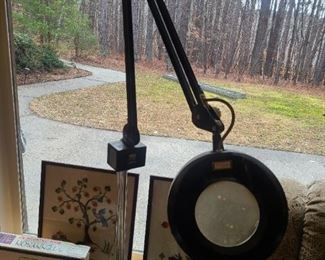 Magnifying double arm lighted, vintage Luxo; has 4 footed base as extra, couple of these in different styles