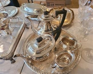 Silver plate/ pewter set ; coffee, tea, sugar, creamer, tray