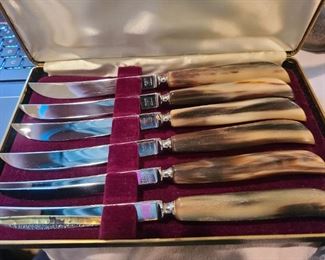 Pretty 6 piece bone knife set; could be antlers.