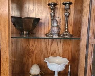 Silver plate bowl, candle, and upside down tulip holders, milk glass, etc.