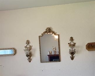 pretty gold mirror and sconces set