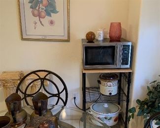 microwave and cart, crock pots