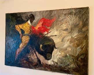 Large unframed vintage MCM Bullfighter painting