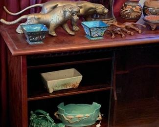 antique enamel cache pots China, McCoy Pinecone planter