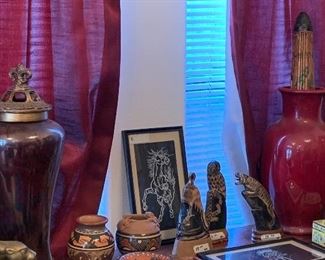 carved buffalo horn animals, pottery