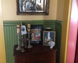 Antique Washstand, Mirror, Religious Items 