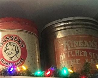Antique Potato Chip Can. Mysser’s ,  Kingan’s Lard Can 
