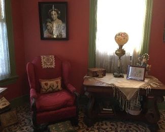 Antique chair, table, pictures & Antique Gone with the wind lamp