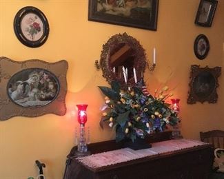 Antique Buffet, Antique Lamps, Antique framed prints.