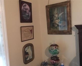 Antique Marble Top Table, Antique Gone with the wind lamp, Antique framed prints.