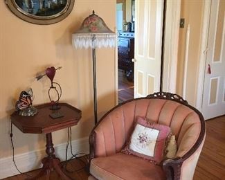 Antique Chair, side table , stained glass floor lamp, framed painting,reverse painted on glass